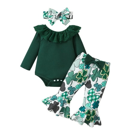 

sdghg 3Pcs Baby Girl Spring Outfits Lace Collar Romper + Shamrock Flare Pants + Headband Set