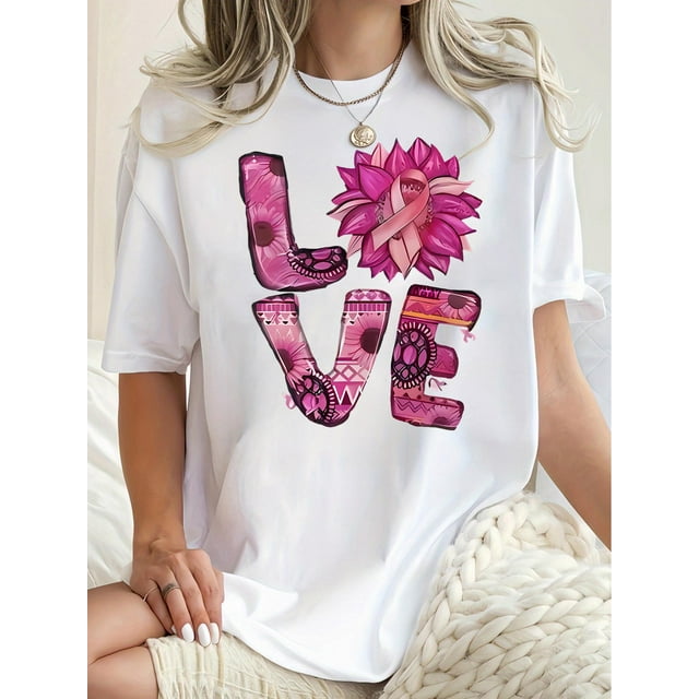 Mode Quotidienne, T-Shirt Noir Chic pour Femmes avec Imprimé Floral Rose - Col Rond Décontracté Manches Courtes, Mélange Polyester Confortable, Parfait pour l'Été & Tenue Décontractée Fête des Pères, Fête des Mères, Nouveau