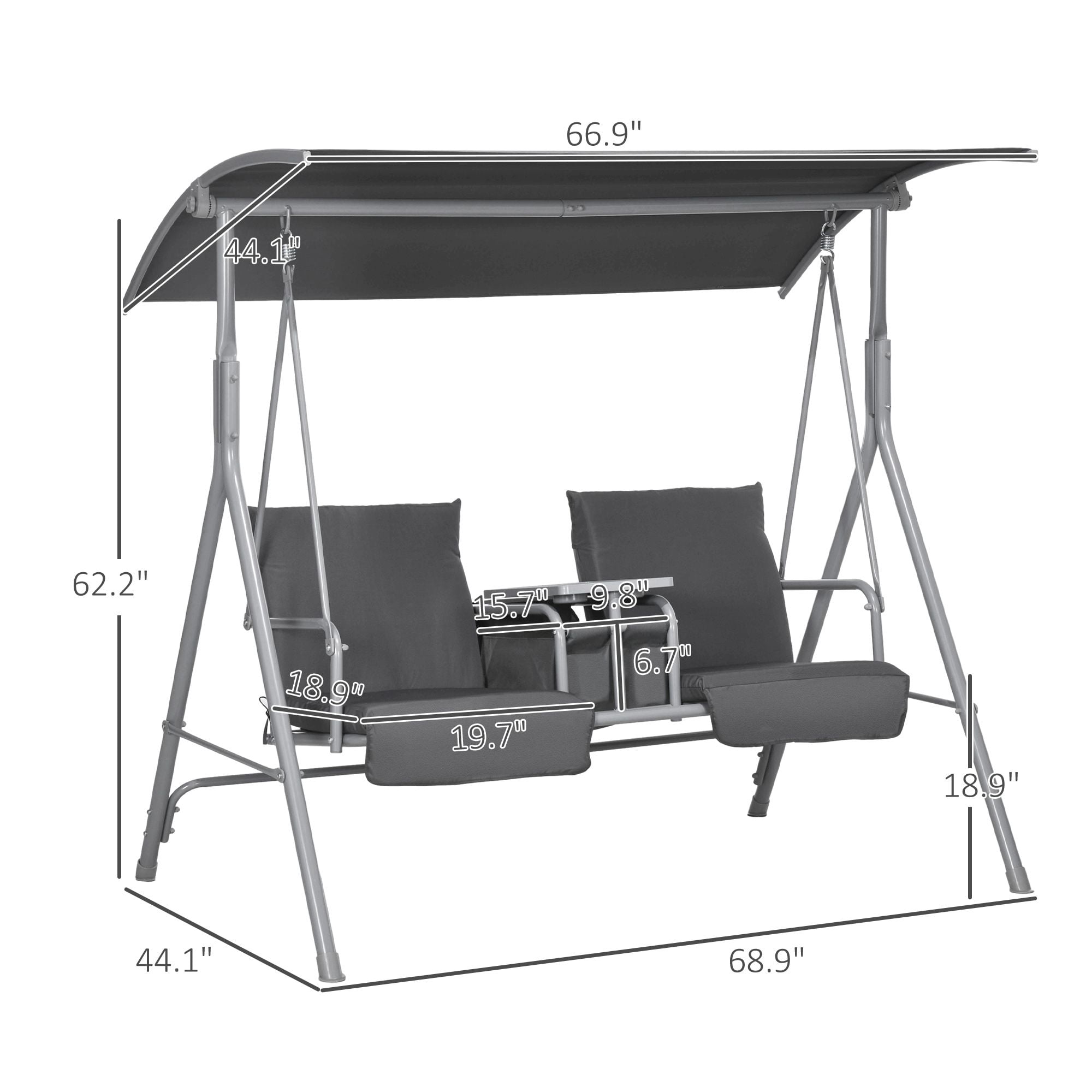 2-Seater Outdoor Porch Swing with Canopy and Table, Patio Swing Chair for Garden, Poolside, Backyard, Gray