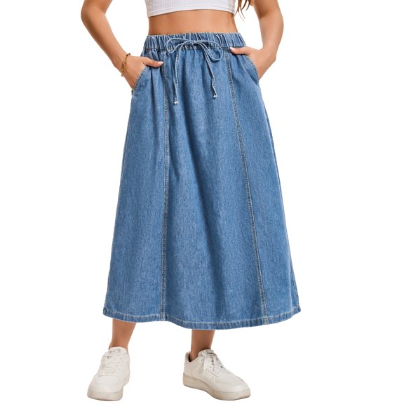 INSPIRE CHIC Women's Jean Skirt Elastic Waist Casual A-Line Maxi Denim Skirts with Pockets S Sky Blue