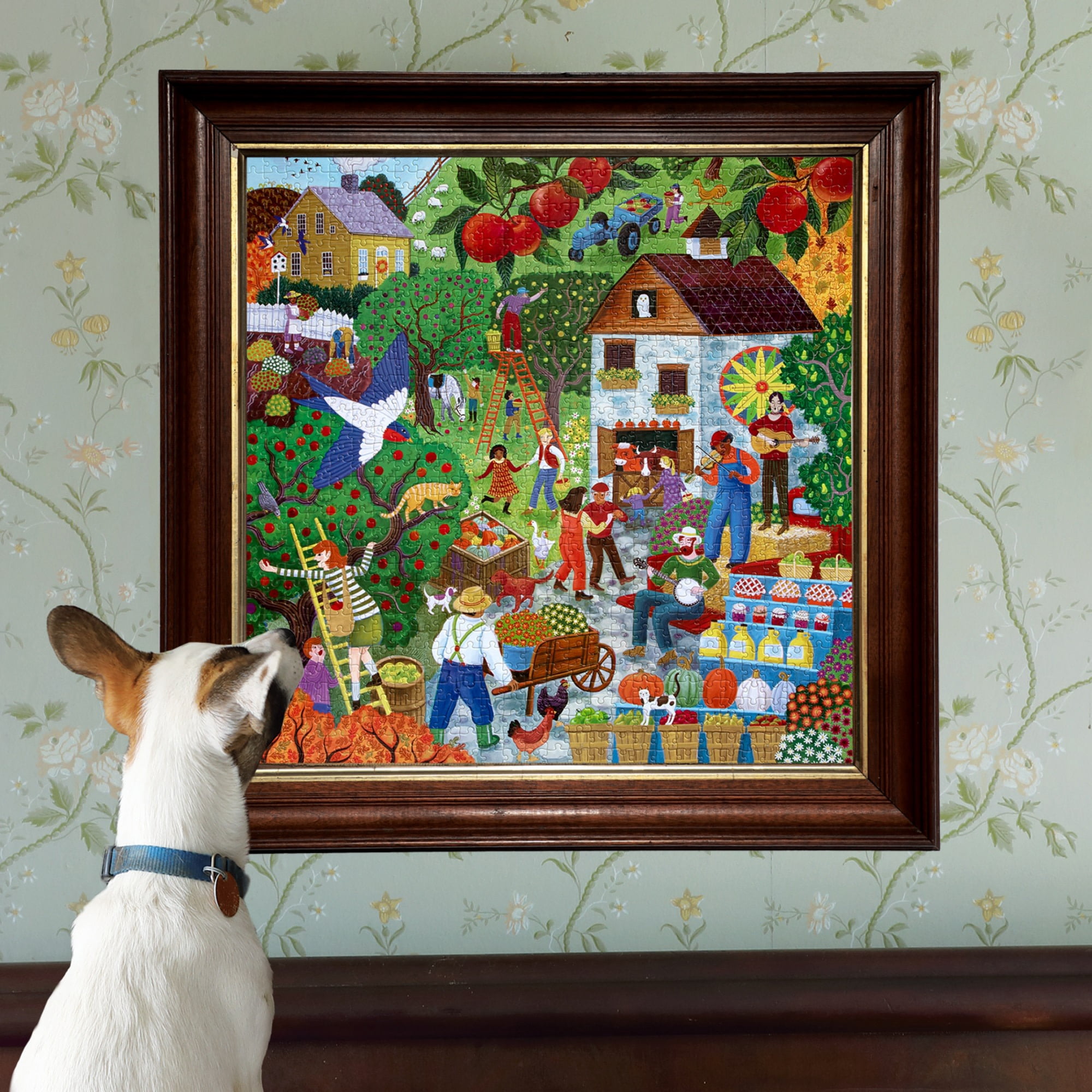 eeBoo Piece & Love: Fall Apple Picking - 1000 Piece Puzzle - 23" Square Adult Jigsaw, Cynthia Cliff's Autumn Harvest Scene, Eco-Friendly, Image Insert