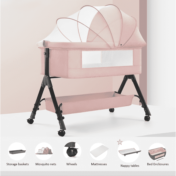 4-in-1 Baby Bedside Bassinet,Newborn Bedside Sleeper,Diaper Changer,for Newborns 0-24 Months, Unisex,Pink