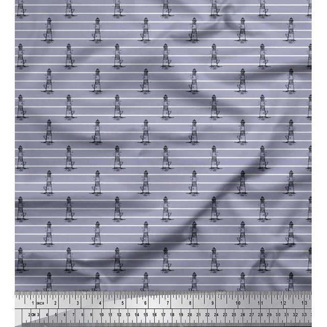 Soimoi Polyester Crepe Fabric Stripe & Light House Shirting Print Sewing Fabric Yard 52 Inch Wide