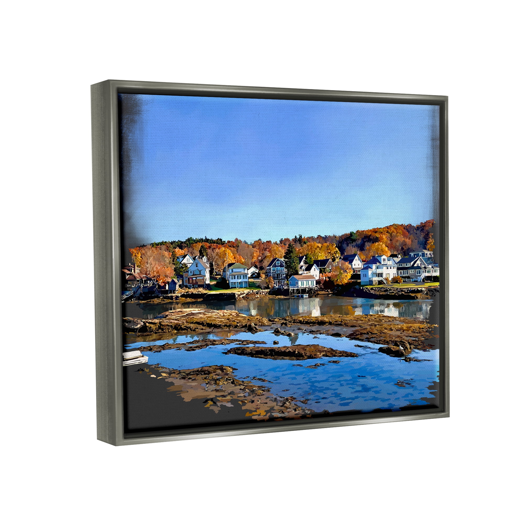 Stupell Industries Autumn Lakeside Foliage Scenery Coastal Photography Gray Floater Framed Art Print Wall Art