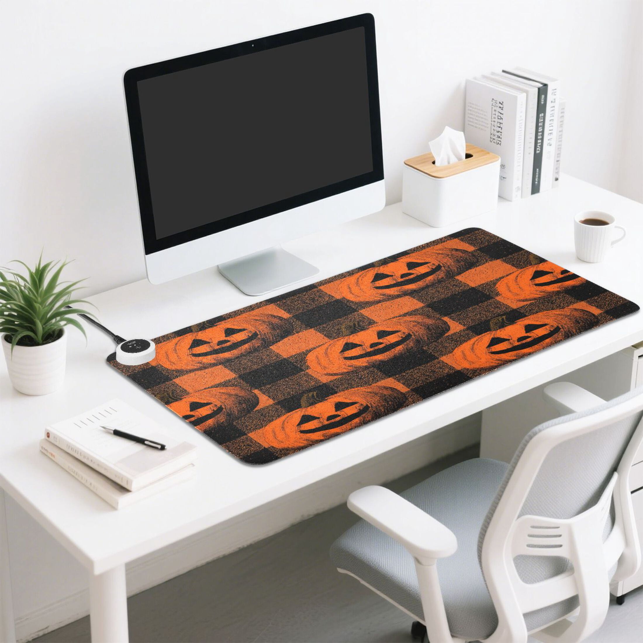 Large Heated Desk Mat Mouse Pad 31.5"x13"PU Leather Graphene Heating Desk Warmer with 3 Temperature Settings 110V US Plug Non-Slip Warm Pad for Home, Office, and Gaming Orange Striped Smiley Pumpkins