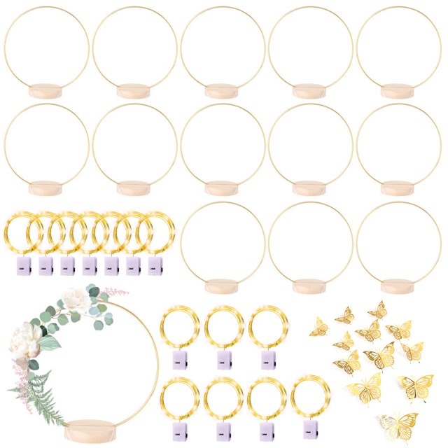 Juego de aros florales MJRASG con soporte y guirnalda de luces LED de 30 cm, 14 unidades