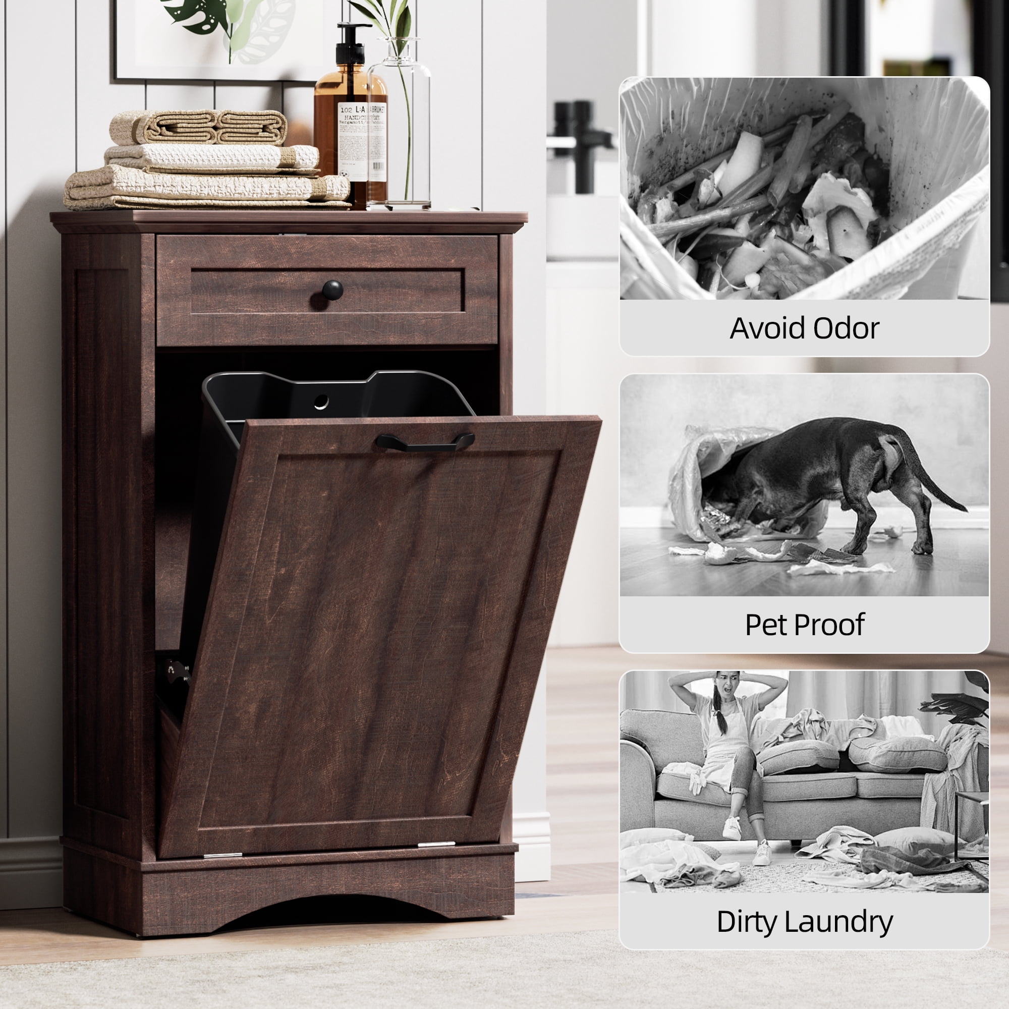AHB 13 Gallon Tilt Out Kitchen Trash Cabinet with Drawer, Single Trash Can Storage Organizer, 20.9"L x 13.55"W x 38.5"H , Brown