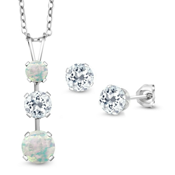 Gem Stone King 925 Sterling Silver White Opal and White Topaz Pendant and Earrings Jewelry Set for Women (2.35 Cttw, Gemstone October Birthstone, with 18 inch Chain)