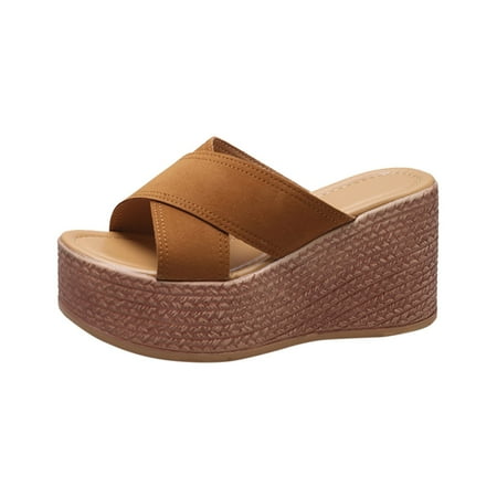 OJSFQUFP Women Shoes Casual Women s Fashion Leather Platform Wedge Sandals for Outdoor Beach Sandals Soft Sole Outdoor Beach Shoes Gifts for Women Over 60 Brown 37