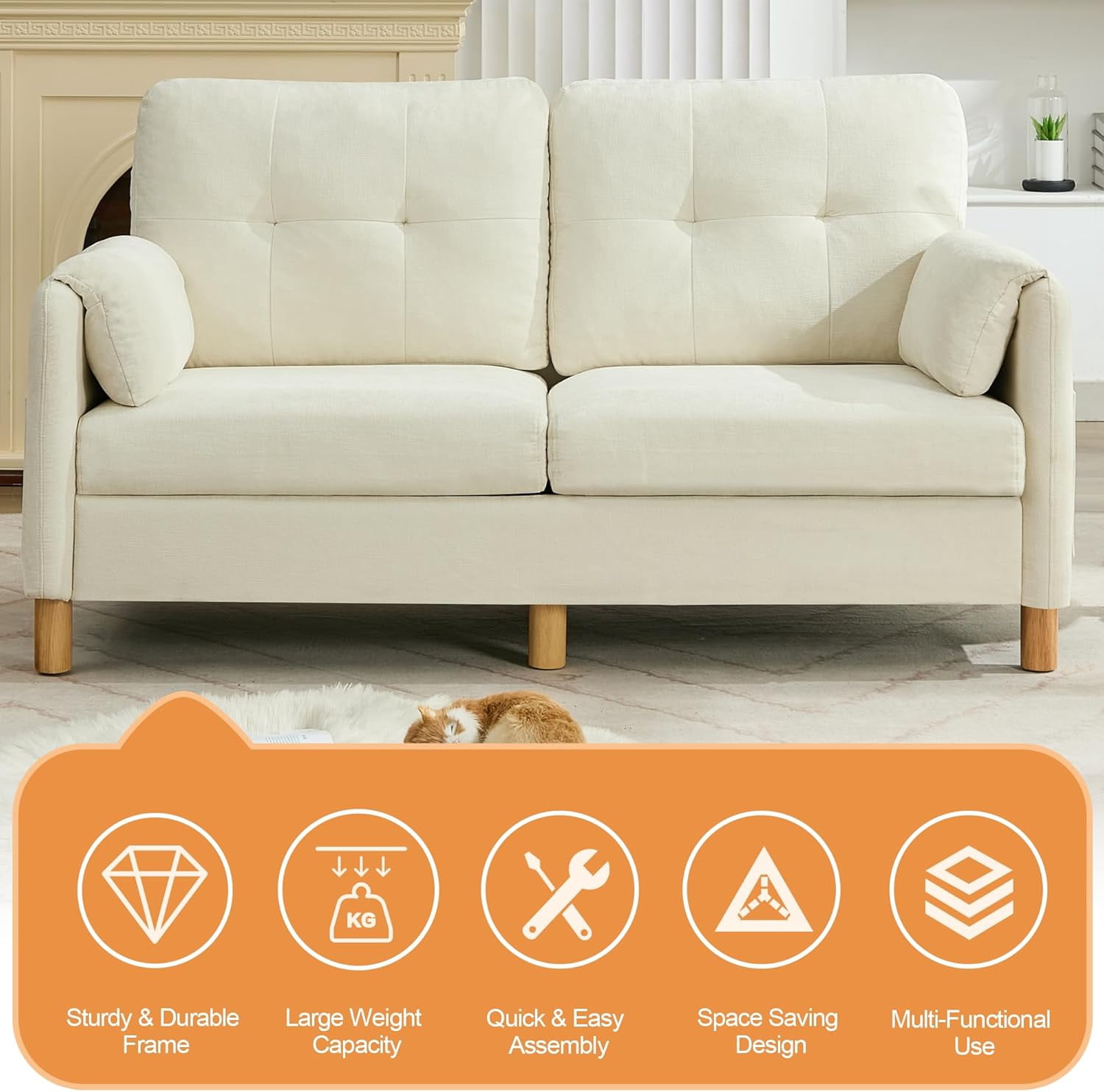 65" Chenille Loveseat Sofa, Modern 2-Seater Love Seat Couch with Armrest Pillows,Upholstered Tufted Loveseat Couches for Living Room Bedroom, Beige