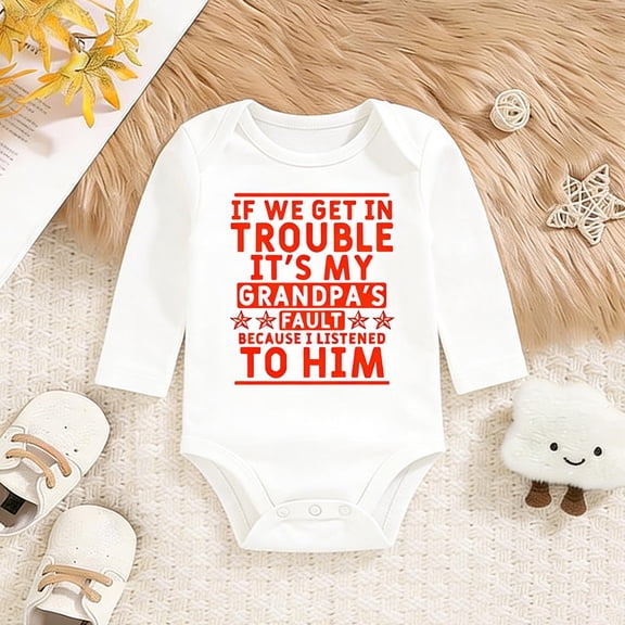 Grandpa Baby Clothes, Humorous "If We Get In Trouble It's My Grandpa's Fault" Bodysuit | White Long Sleeve Infant Romper | Cotton Newborn Outfit