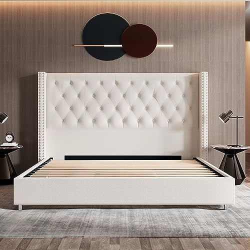 VanAcc King Upholstered Platform Bed Frame with Headboard, No Box Spring Needed, Cream