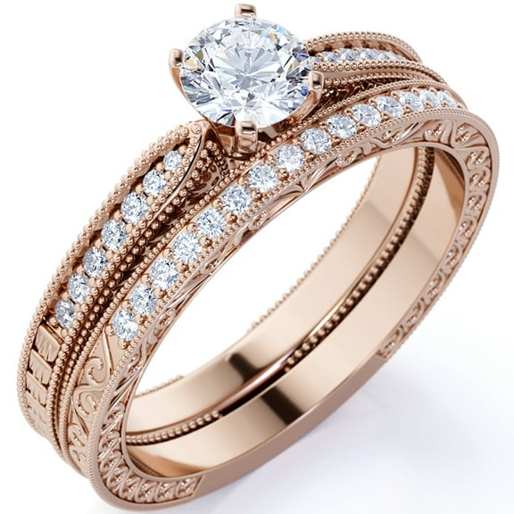 JeenMata .83 ct Round Real Moissanite - Vintage - Milgrain - Edwardian Wedding Ring Set - 18K Rose Gold over Silver