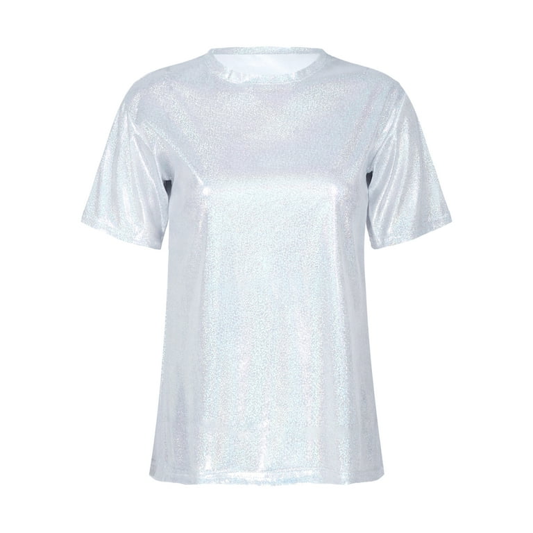 DPOIS Women's Shiny Tops Holographic Metallic Shirt Shimmer Glitter Rave  Festival Party Tee Shirt Blouse White M 