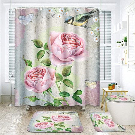 ZHANZZK Watercolor Pink Roses Bird Flower Butterfly Floral Blossom Spring Rustic 4 Piece Bathroom Set Shower Curtain Bath Rug Contour Mat and Toilet Lid Cover