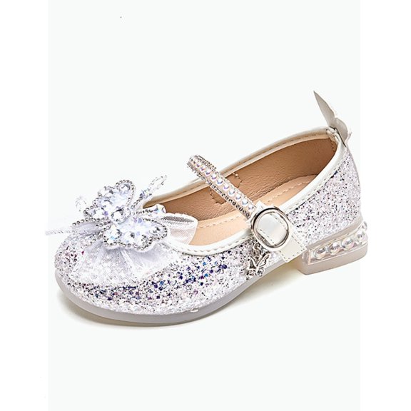 Gyujnb Girls' Glitter Bow Rhinestone Princess Mary Jane Shoes Adjustable Buckle Strap Low Heel Dress Shoes, Closed Toe,10-10.5 Years