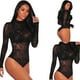 thumbnail image 3 of Body elástico de malla transparente para mujer, lencería corta de manga larga transparente con cuello simulado, lencería ajustada, flocado a rayas negras M, 3 of 13