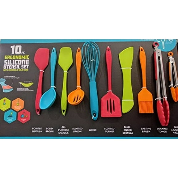 Core Kitchen 10 Piece Silicone Utensil Set in Assorted Colors with Overmold Solid Core