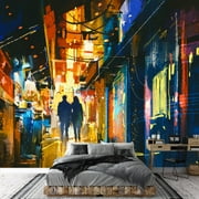 wall26 - Couple Walking in Alley with Colorful Lights,Digital Painting - Removable Wall Mural | Self-Adhesive Large Wallpaper - 66x96 inches