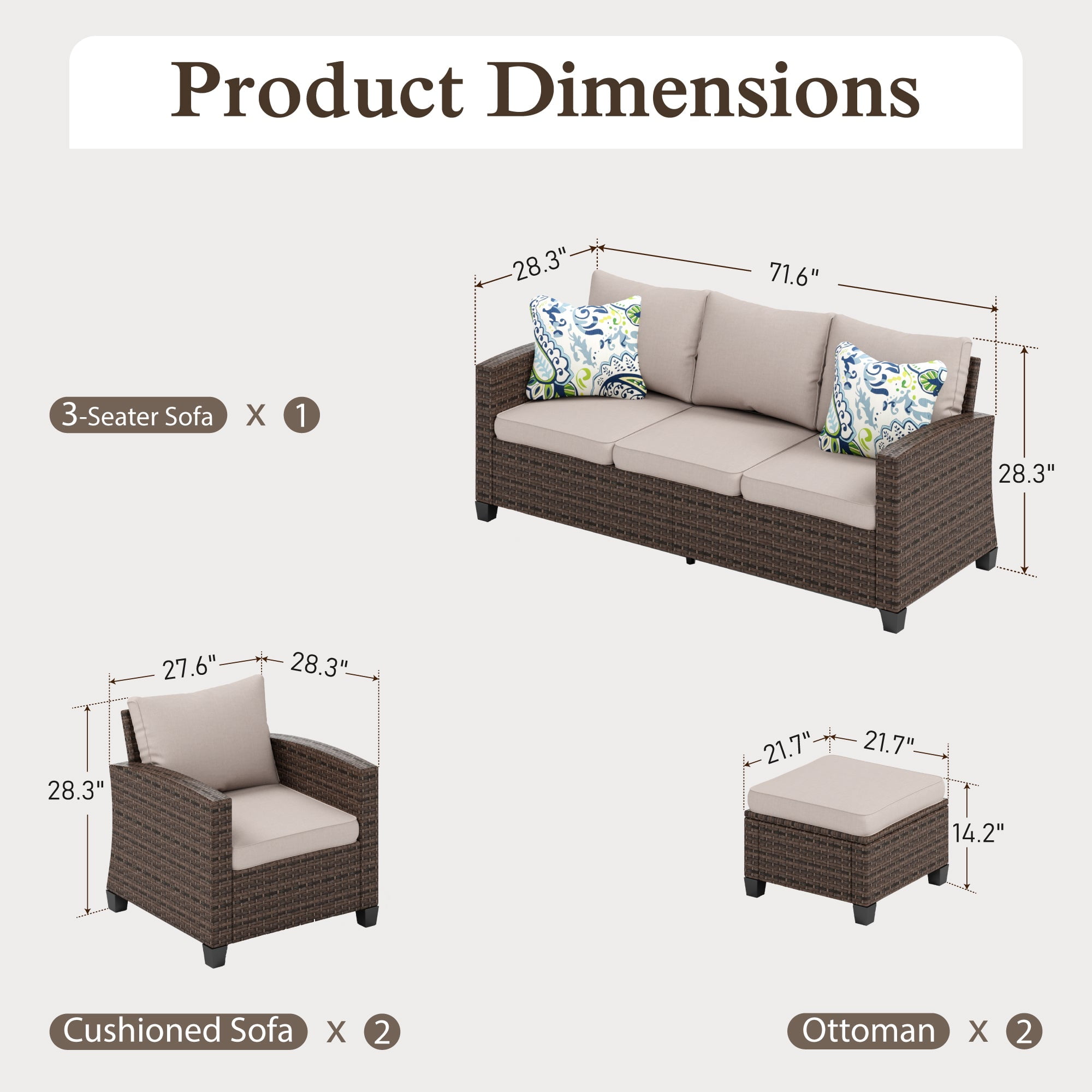 Sophia & William 5 Pieces Wicker Patio Furniture Set 7-Seat Outdoor Conversation Set, Beige