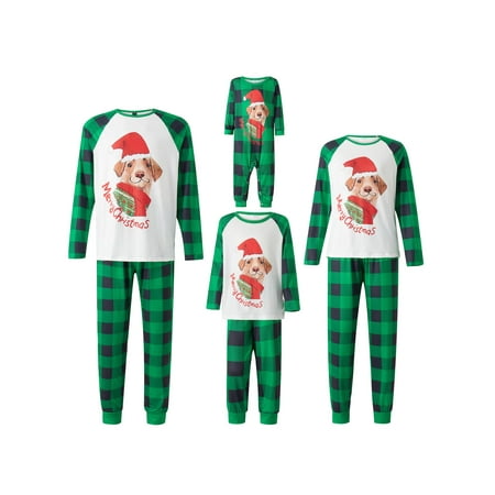 

Family Matching Christmas Pajamas Sets Long Sleeve Dog Print Tops + Plaid Pants or Long Sleeve Plaid Jumpsuit for Adult Kids Baby