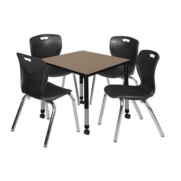 Romig Trek 30 in. Square Mobile Adjustable Classroom Table- Noble Oak Top, Black Base & 4 Andy 18 in. Black Stack Chairs