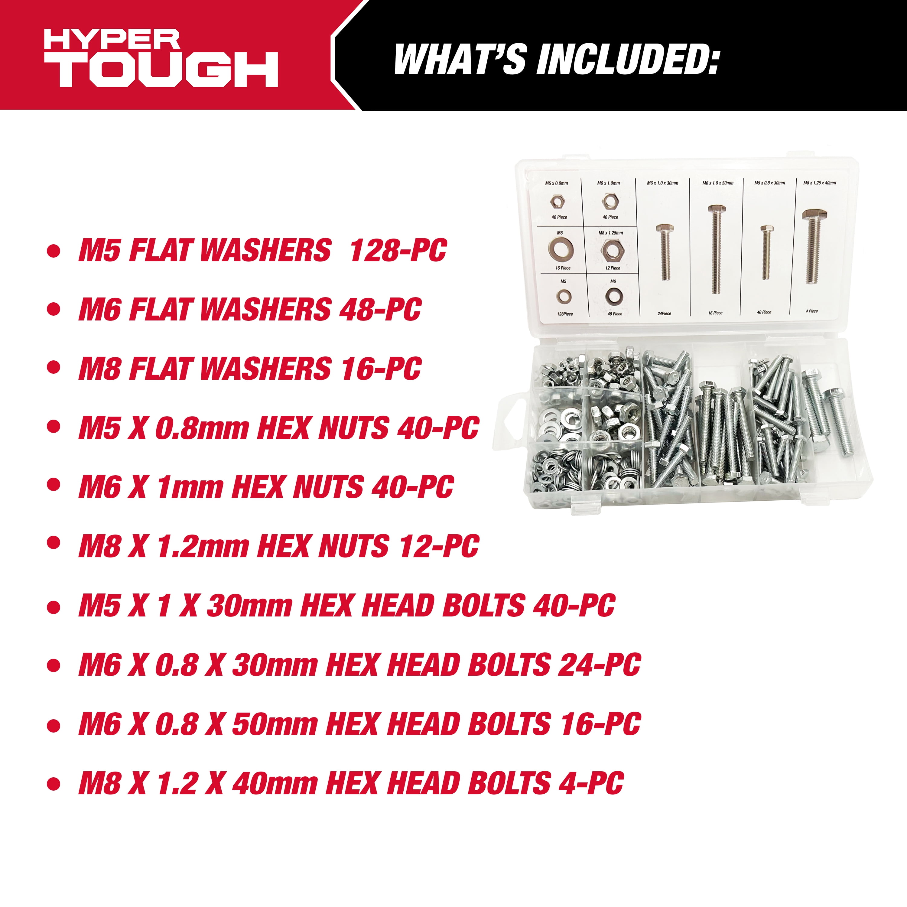 Hyper Tough 368 Piece Zinc Plated Steel Nut, Washer, and Hex Head Bolt Set with Case, M5, M6, & M8 Threads