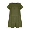 thumbnail image 4 of Cotton Linen Sundresses for Women Ruffle Short Sleeve Layered Hem Mini Dress Casual Solid Color Crewneck Keyhole Back Dresses, 4 of 7