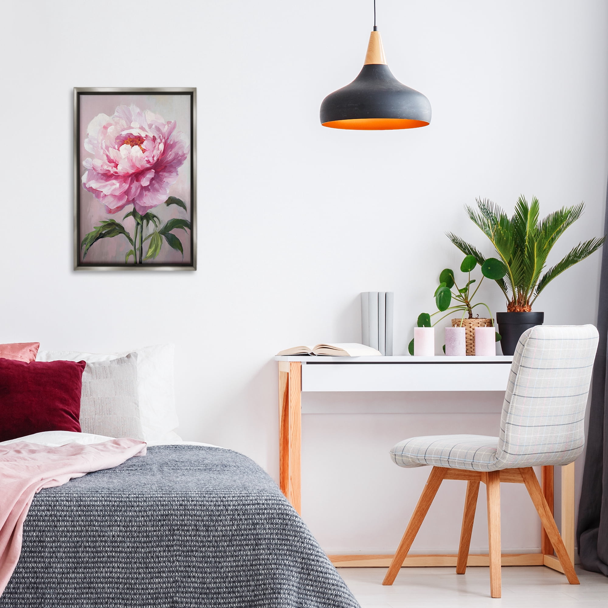 Stupell Industries Pink Blooming Floral Botanical & Floral Painting Gray Floater Framed Art Print Wall Art, 17 x 25