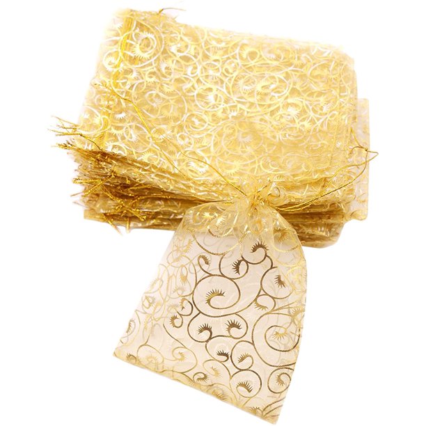 Bolsas de regalo pequeñas para regalos de boda, 100 unidades de 3,9 pulgadas x 4,7 pulgadas (10x12 cm) Bolsas de organza doradas para bolsas de regalos de fiesta Bolsas de dulces para pequeñas empresas Bolsa de malla oso de fresa Electrónica