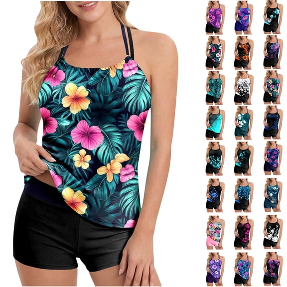 Feancey Two Piece Tankini Swimsuits for Women Tummy Control Bathing Suits Floral Printed Halter Swim Top with Shorts 2 Piece Sets Summer Beach Swimwear Multicolor XXL