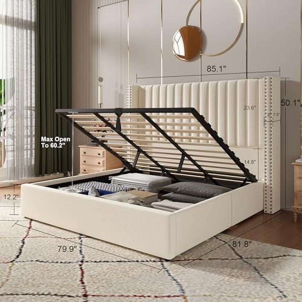 VanAcc Lift up Storage Bed Frame King Size, Upholstered Platform Bed Velvet with Channel Tufted Wingback Headboard, No Box Spring Needed, Cream