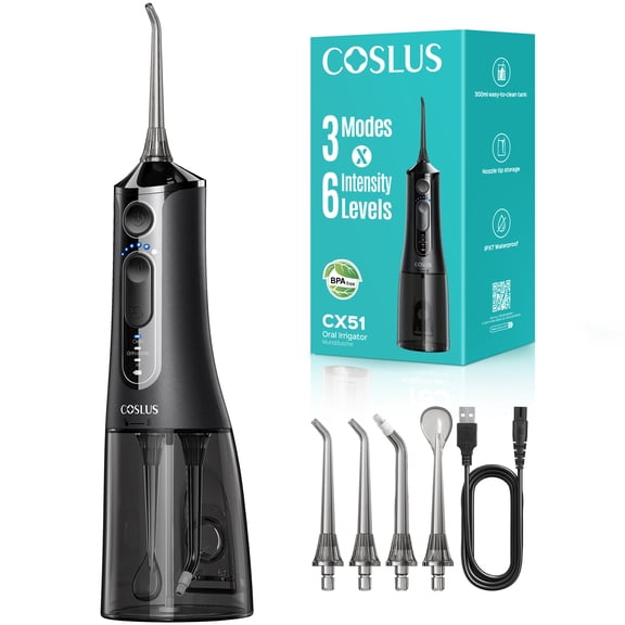 COSLUS CX51 Portable Water Flosser for Teeth,3 Modes 6 Intensity Professional Electric Water Dental Pick for Sensitive Gums, Braces for Travel Home Black