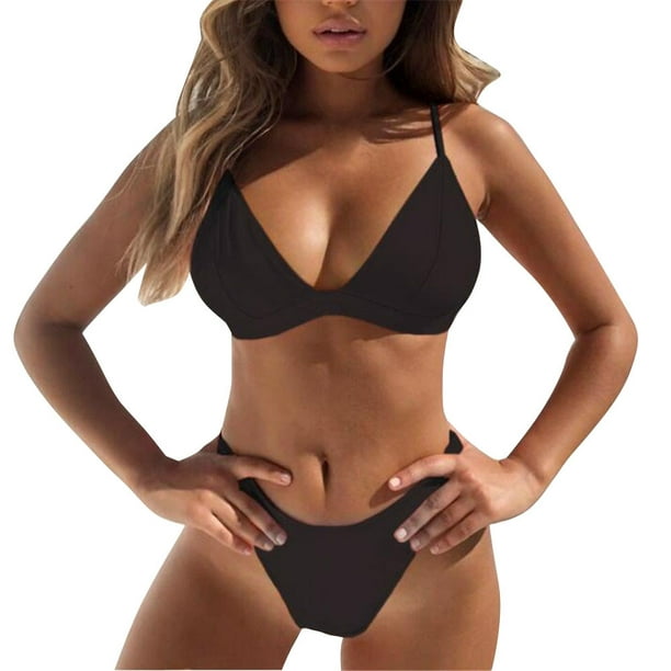 PMVFHDE Bikini Sets for Women Two Pieces Bikini Set Solid Padded Push Up  Swimwear Swimsuit Black,M 