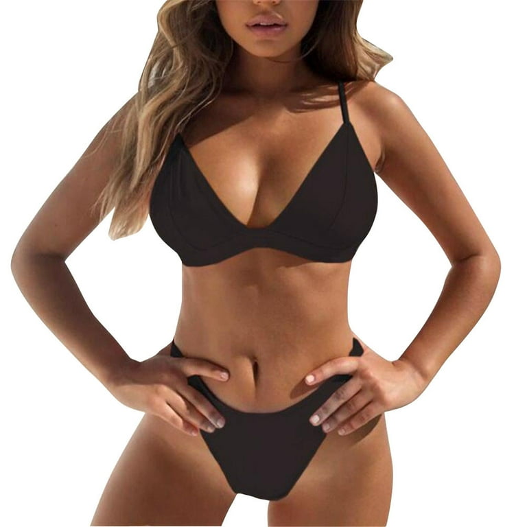 Abcnature Women Two Pieces Bikini Set Solid Padded Push Up Swimsuit Black L  