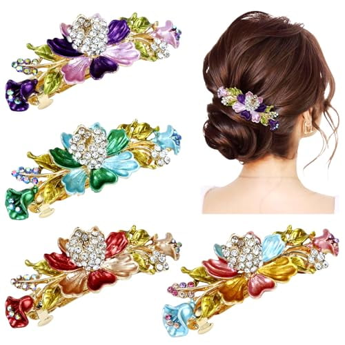 4 Pieces Vintage Gold Metal Sparkly Rhinestone Flower French Hair Barrettes Floral Snap Hair Clips Clasps Accessories for Women Girls