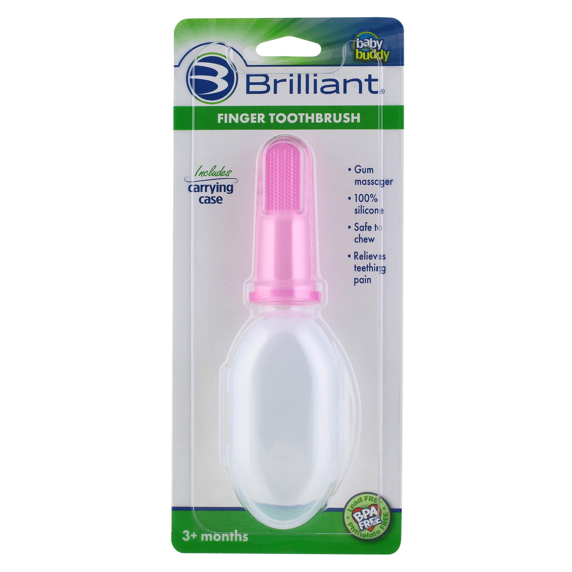Brilliant Baby Finger Toothbrush with Case, Soft Silicone Gum Massager and Teether Brush for Babies and Toddlers - Pink
