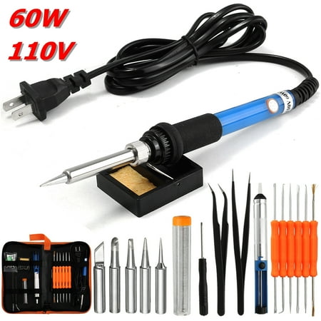 - 19 Pcs 60W 110V DIY Soldering Iron Kit +5 Replaceable Iron Tips With Stand Electric Welding Starter Tool Set Adjustable Temperature + Carrying Case 7.5 inch Length (US Plug)