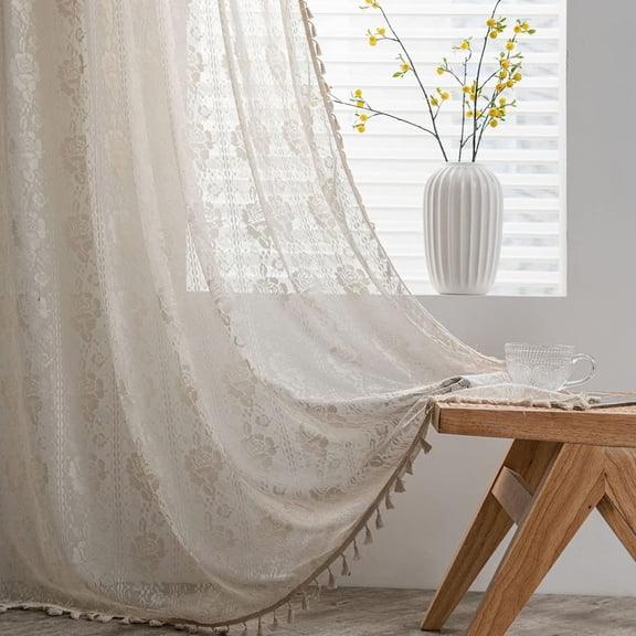 Crochet Lace Window Curtain Panel with Tassels Semi Sheer Hollow Curtains for Bedroom Living Room, 1 Pane Rod Pocketl