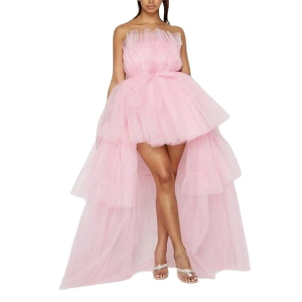 VISgogo Vestido de tul alto y bajo para mujer, vestido de fiesta de cóctel escalonado de color sólido sin tirantes VISgogo moda
