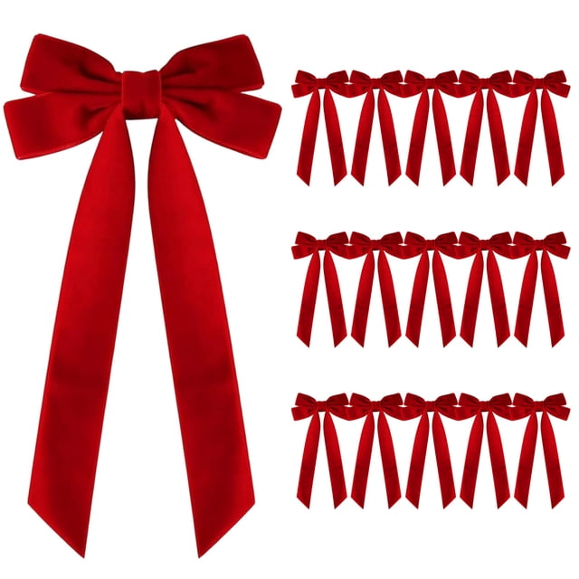 Red 16-Piece Velvet Christmas Bows Set For Christmas Tree Wreath Gift Wrap Crafts Wedding Party Decor And Home Decoration