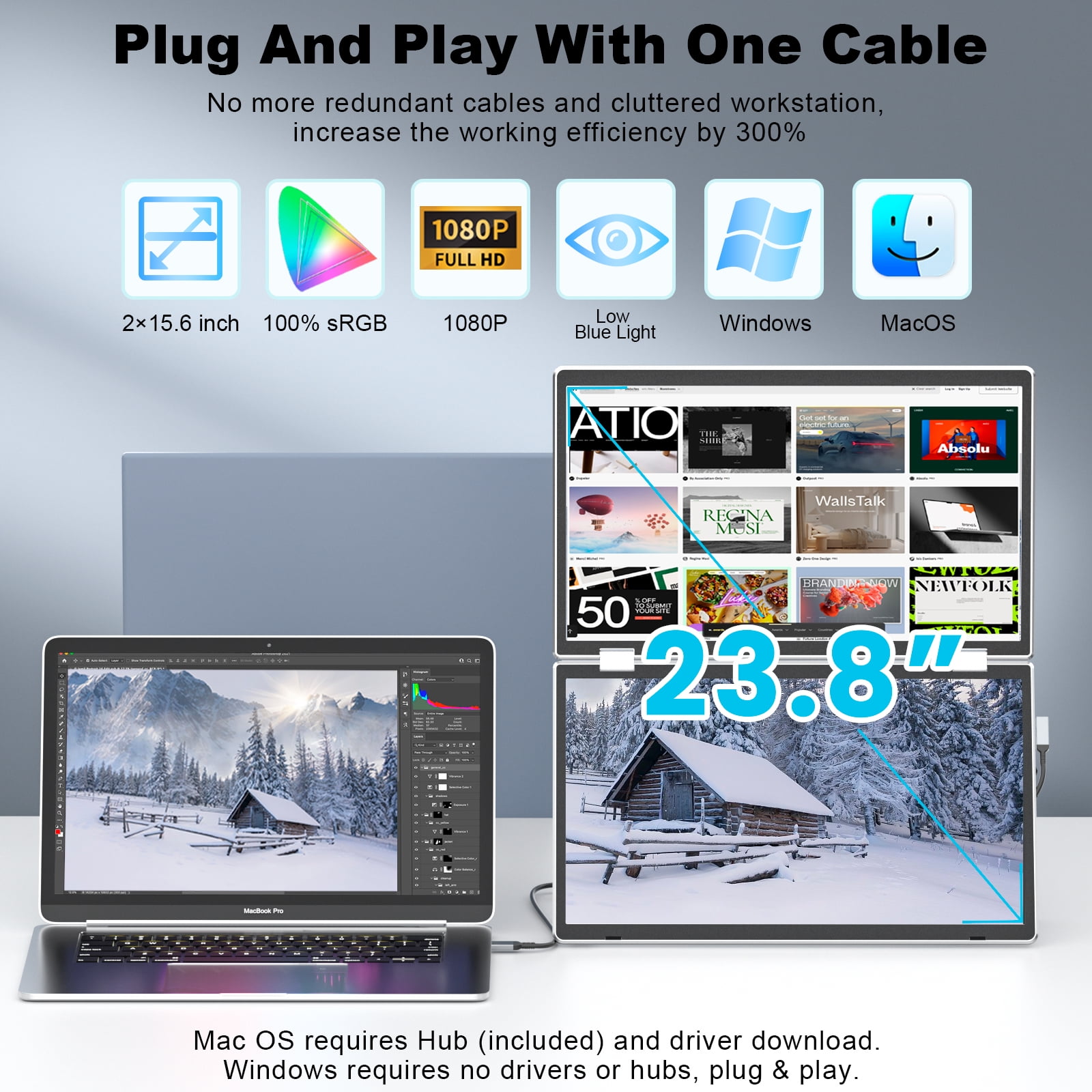 KEFEYA M2 15.6" 1920x1080P IPS Portable Computer Monitor, Kit, Silver, 1 Pack