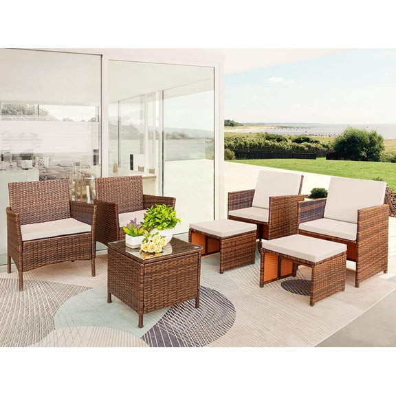 Vineego 7 Pieces Wicker Outdoor Patio Bar Set with Ottoman, Mix Brown/Beige