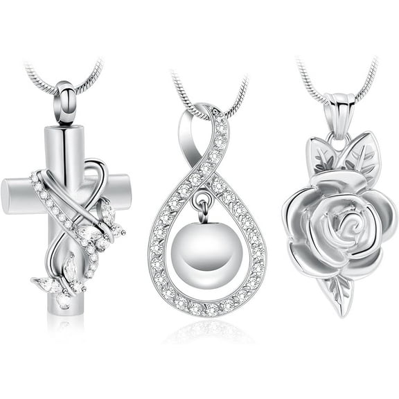 3 Pieces Cremation Urn Necklace for Ashes Keepsake Rose Flower & Butterfly Cross & Infinity Pearls & Flower Ashes Necklace for Women Memorial Locket Ashes Keepsake Necklace