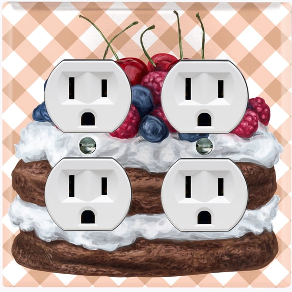 Metal Light Switch Wall Plate Outlet Cover (Layered Chocolate Berry Cherry Whipped Cream Cake - Double Duplex)