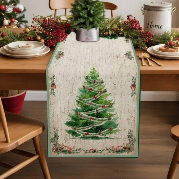 Burlap Table Runner 36 Inches Long,Christmas Tree Pine Cone Non-Slip Kitchen Table Runners for Dining Room Everyday Use Party Table Decorations Winter Plant Retro Letter Back