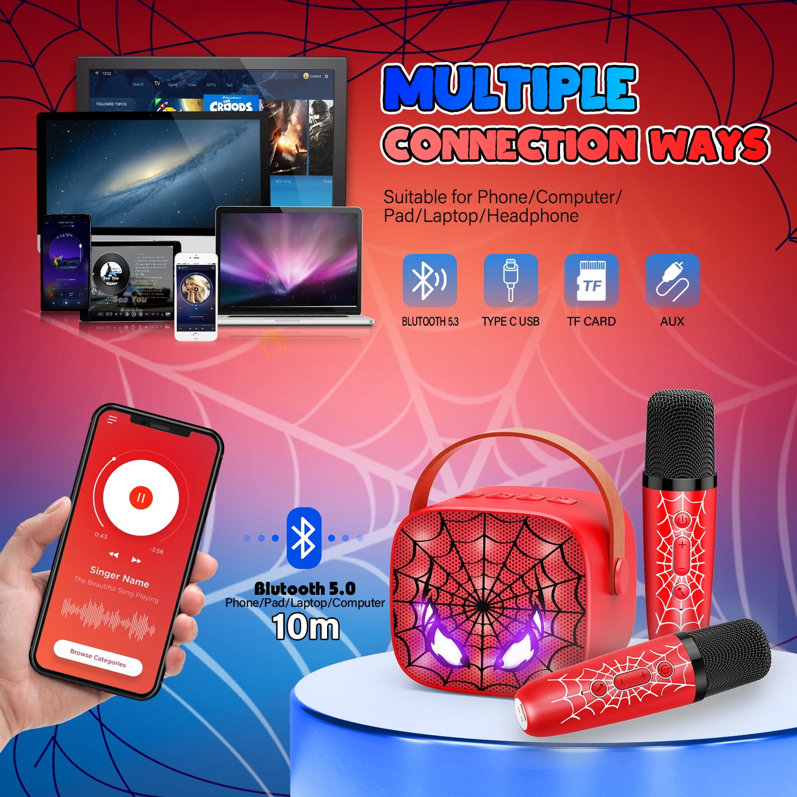 Mini Karaoke Machine for Kids, 2 Karaoke Microphones for Kids, Portable Bluetooth Speaker Birthday Gifts for 3 4 5 6 7 8-15 Year Old Boys Girls, Toys Easter Gifts for Kids