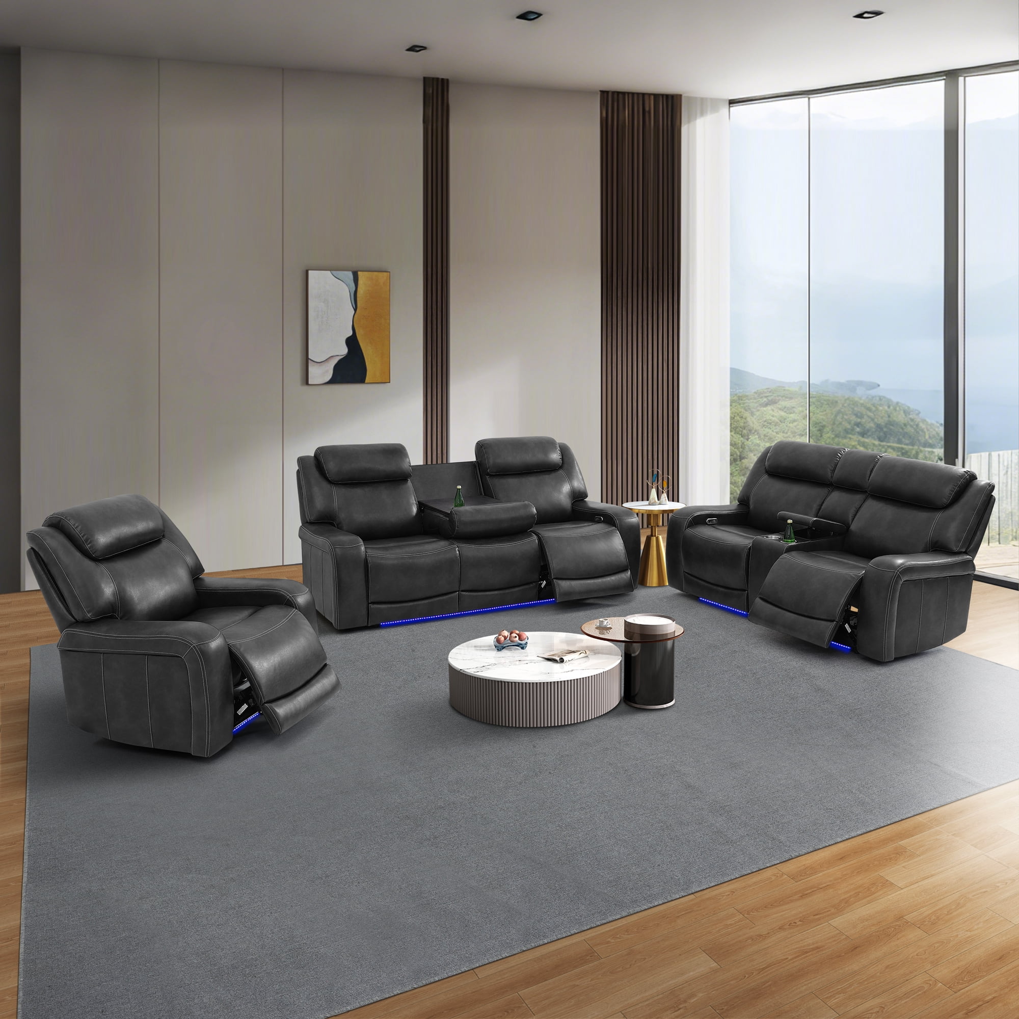 Gewnee 3‑Piece Power Recliner Sofa Set, Air Leather Upholstery, Adjustable Recline with USB Port, Flip‑Up Center Console, Storage Bin, Cup Holders & LED Ambient Light, Living Room Furniture, Black