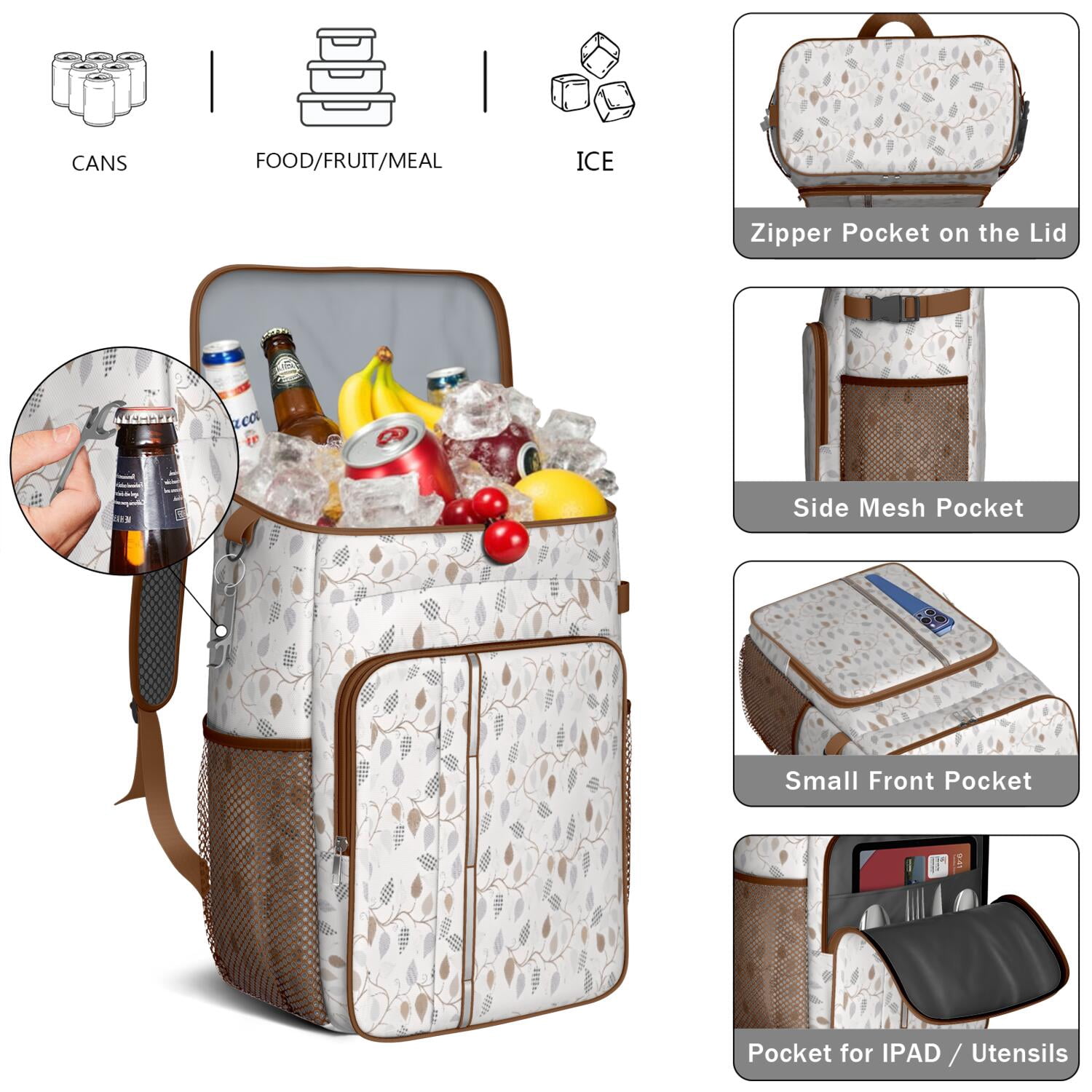 Travel Cooler Bag - Boho Bohemia Flower Camping Beer Cooler Backpack with Bottle Opener- Waterproof Insulated Picnic Backpacks - Cooler Bag for Beach