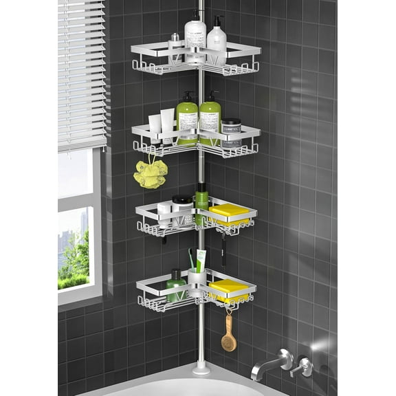 Shower Caddy Tension Pole - Corner Shower Shelves with Soap Holder Bathroom Shower Organizer for Tub (Stainless Steel, Silver, Floor to Ceiling 25-114.2 inch)